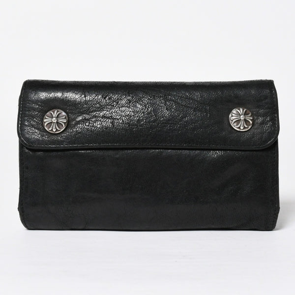CHROME HEARTS クロムハーツ WAVE CROSS BTN ウェーブ クロスボールボタン デストロイレザーウォレット 長財布 ブラック 美品 中古 4a009622