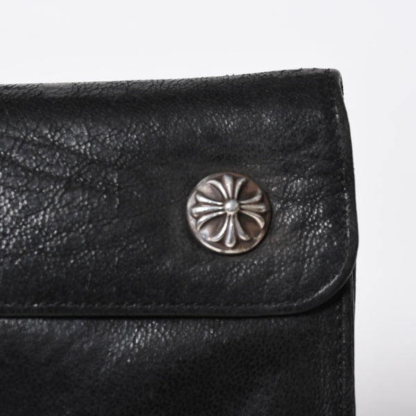 CHROME HEARTS クロムハーツ WAVE CROSS BTN ウェーブ クロスボールボタン デストロイレザーウォレット 長財布 ブラック 美品 中古 4a009622