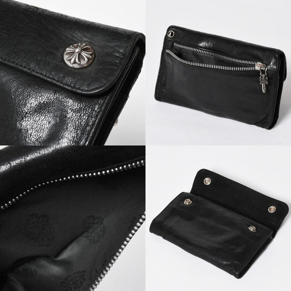 CHROME HEARTS クロムハーツ WAVE CROSS BTN ウェーブ クロスボールボタン デストロイレザーウォレット 長財布 ブラック 美品 中古 4a009622