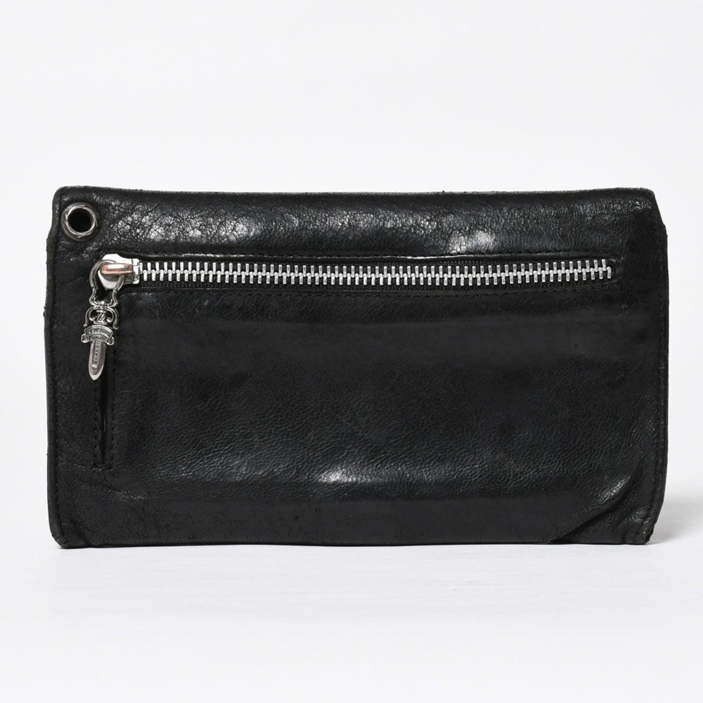 CHROME HEARTS クロムハーツ WAVE CROSS BTN ウェーブ クロスボールボタン デストロイレザーウォレット 長財布 ブラック 美品 中古 4a009622