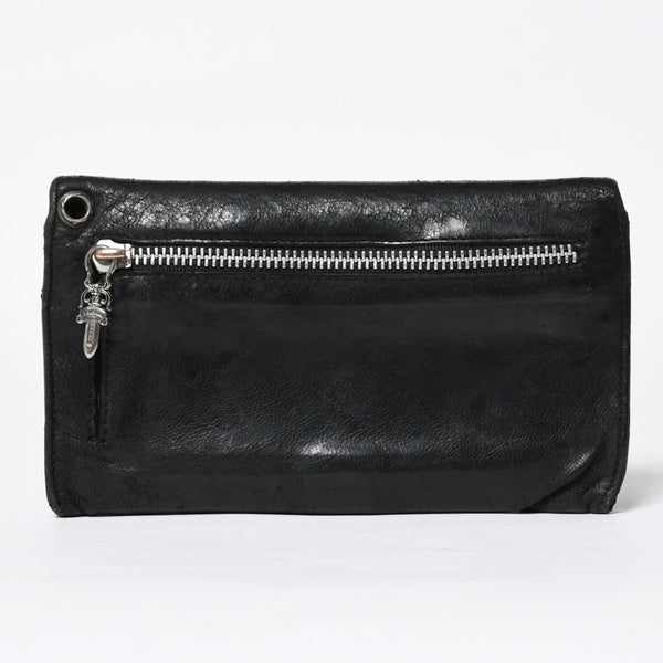CHROME HEARTS クロムハーツ WAVE CROSS BTN ウェーブ クロスボールボタン デストロイレザーウォレット 長財布 ブラック 美品 中古 4a009622