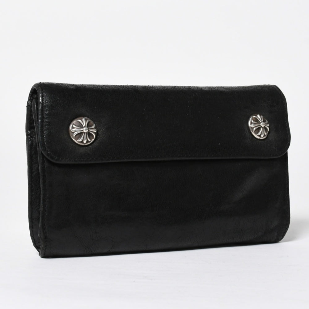 CHROME HEARTS WAVE CROSS BTN Wave Cross Ball Button Destroy Leather Wallet Long Wallet Black Good Condition Used 4a009622
