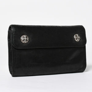 CHROME HEARTS クロムハーツ WAVE CROSS BTN ウェーブ クロスボールボタン デストロイレザーウォレット 長財布 ブラック 美品 中古 4a009622