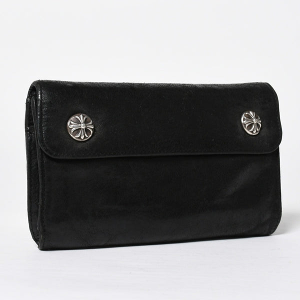 CHROME HEARTS クロムハーツ WAVE CROSS BTN ウェーブ クロスボールボタン デストロイレザーウォレット 長財布 ブラック 美品 中古 4a009622