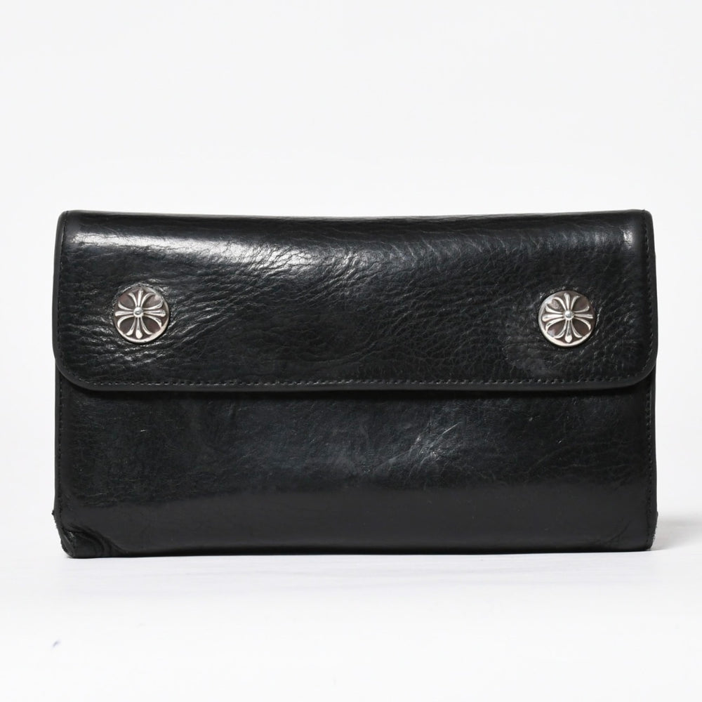 CHROME HEARTS クロムハーツ WAVE CROSS BTN ウェーブ クロスボールボタン レザーウォレット 長財布 ダガー ブラック 美品 中古 4a009609