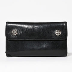CHROME HEARTS クロムハーツ WAVE CROSS BTN ウェーブ クロスボールボタン レザーウォレット 長財布 ダガー ブラック 美品 中古 4a009609