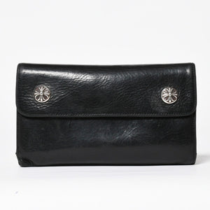 CHROME HEARTS クロムハーツ WAVE CROSS BTN ウェーブ クロスボールボタン レザーウォレット 長財布 ダガー ブラック 美品 中古 4a009609