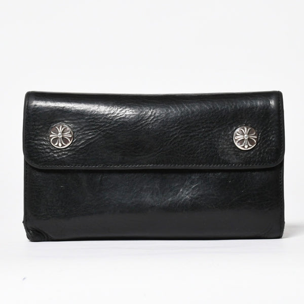 CHROME HEARTS クロムハーツ WAVE CROSS BTN ウェーブ クロスボールボタン レザーウォレット 長財布 ダガー ブラック 美品 中古 4a009609