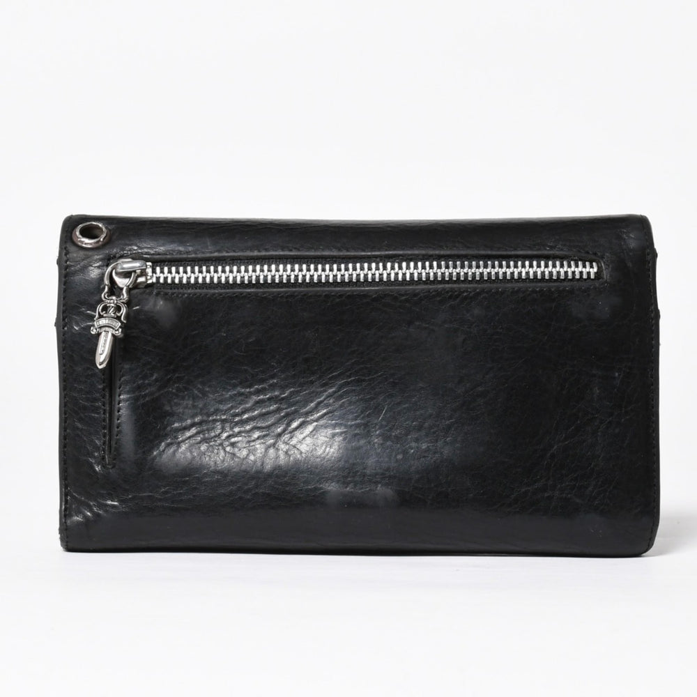 CHROME HEARTS クロムハーツ WAVE CROSS BTN ウェーブ クロスボールボタン レザーウォレット 長財布 ダガー ブラック 美品 中古 4a009609