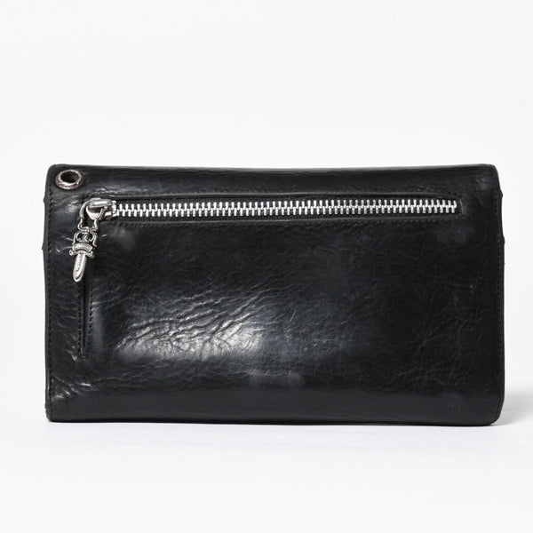 CHROME HEARTS クロムハーツ WAVE CROSS BTN ウェーブ クロスボールボタン レザーウォレット 長財布 ダガー ブラック 美品 中古 4a009609