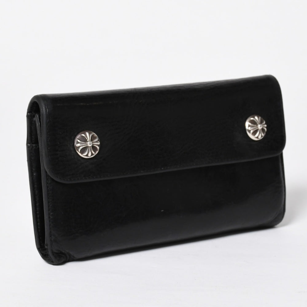 CHROME HEARTS クロムハーツ WAVE CROSS BTN ウェーブ クロスボールボタン レザーウォレット 長財布 ダガー ブラック 美品 中古 4a009609