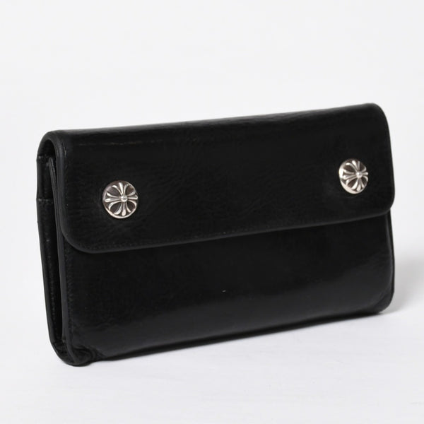 CHROME HEARTS クロムハーツ WAVE CROSS BTN ウェーブ クロスボールボタン レザーウォレット 長財布 ダガー ブラック 美品 中古 4a009609