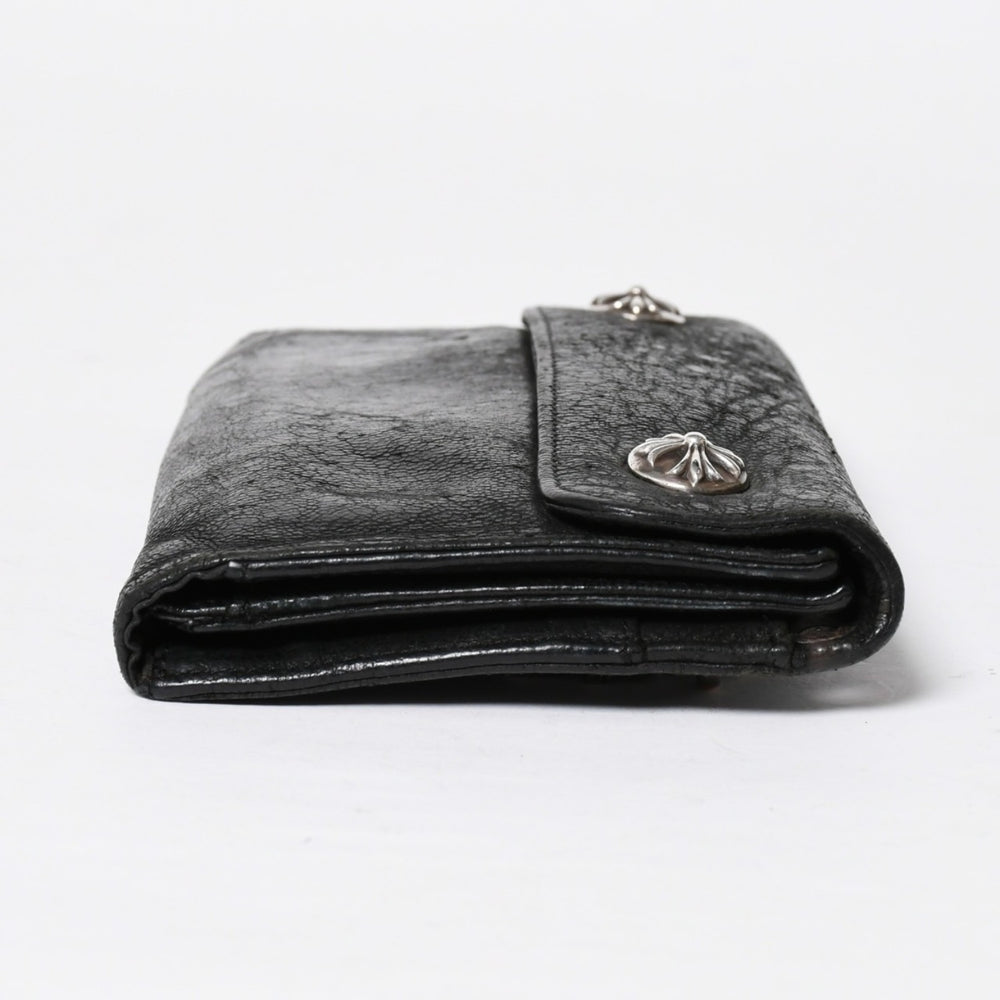 CHROME HEARTS WAVE CROSS BTN Wave Cross Ball Button Destroy Leather Wallet Long Wallet Black Good Condition Used 4a009622