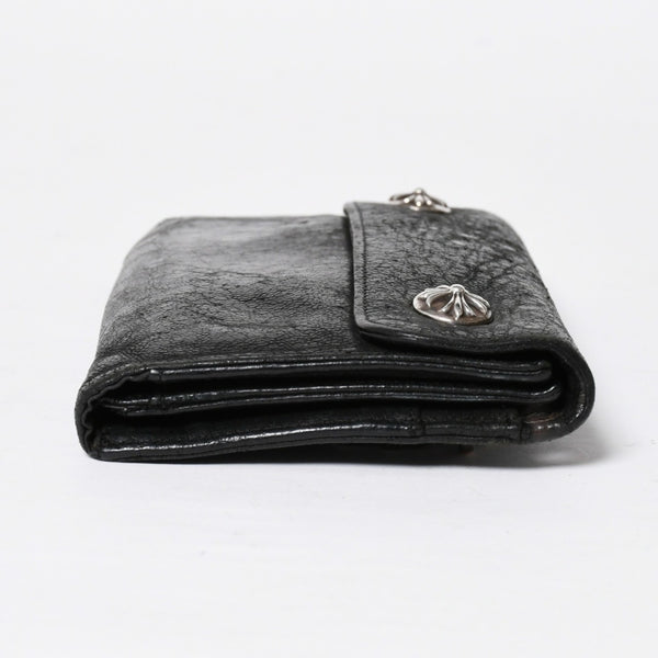 CHROME HEARTS クロムハーツ WAVE CROSS BTN ウェーブ クロスボールボタン デストロイレザーウォレット 長財布 ブラック 美品 中古 4a009622