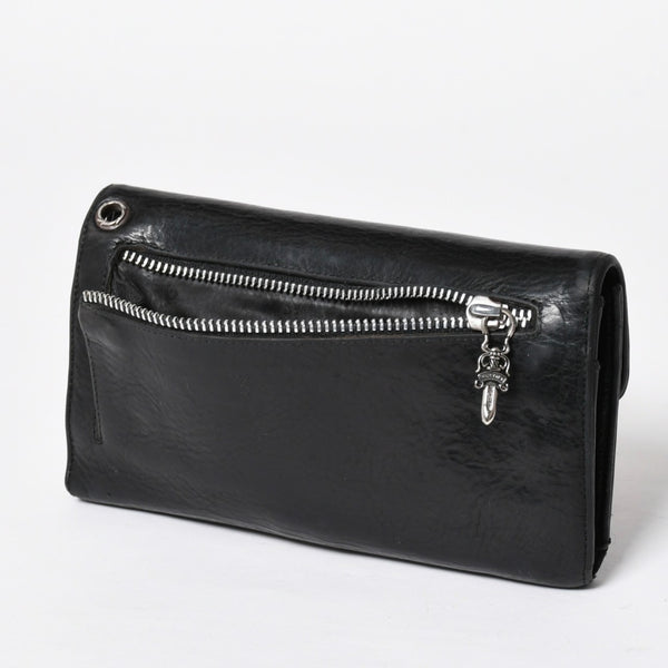 CHROME HEARTS クロムハーツ WAVE CROSS BTN ウェーブ クロスボールボタン レザーウォレット 長財布 ダガー ブラック 美品 中古 4a009609