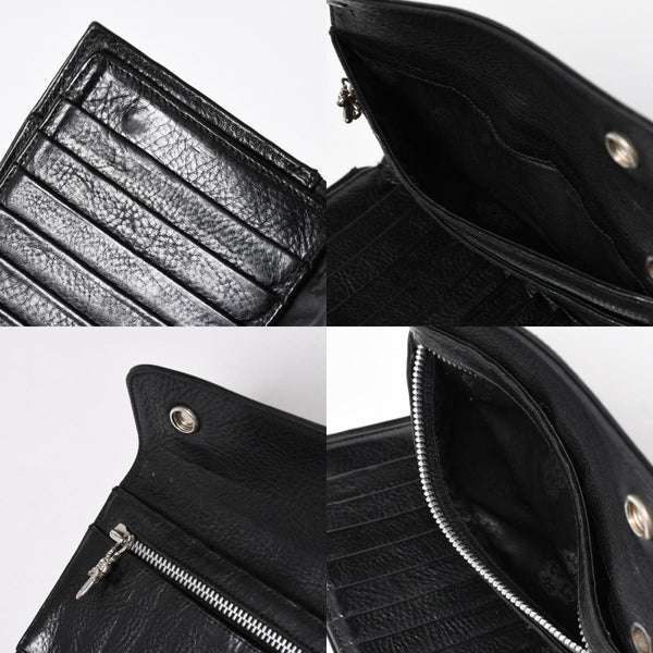 CHROME HEARTS クロムハーツ WAVE CROSS BTN ウェーブ クロスボールボタン レザーウォレット 長財布 ダガー ブラック 美品 中古 4a009609