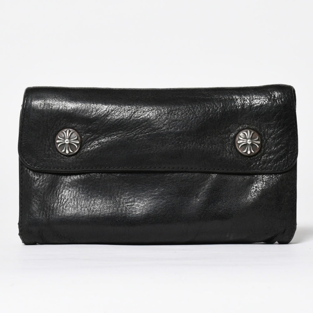 CHROME HEARTS クロムハーツ WAVE CROSS BTN ウェーブ クロスボールボタン デストロイレザーウォレット 長財布 ブラック 美品 中古 4a009623