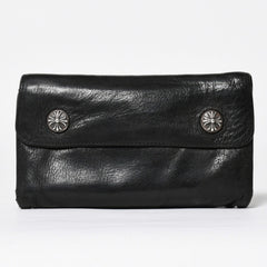 CHROME HEARTS クロムハーツ WAVE CROSS BTN ウェーブ クロスボールボタン デストロイレザーウォレット 長財布 ブラック 美品 中古 4a009623