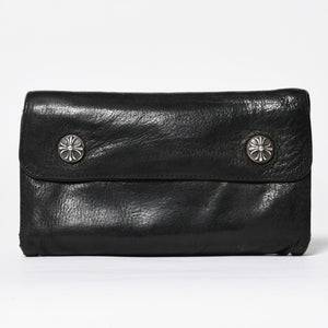 CHROME HEARTS クロムハーツ WAVE CROSS BTN ウェーブ クロスボールボタン デストロイレザーウォレット 長財布 ブラック 美品 中古 4a009623