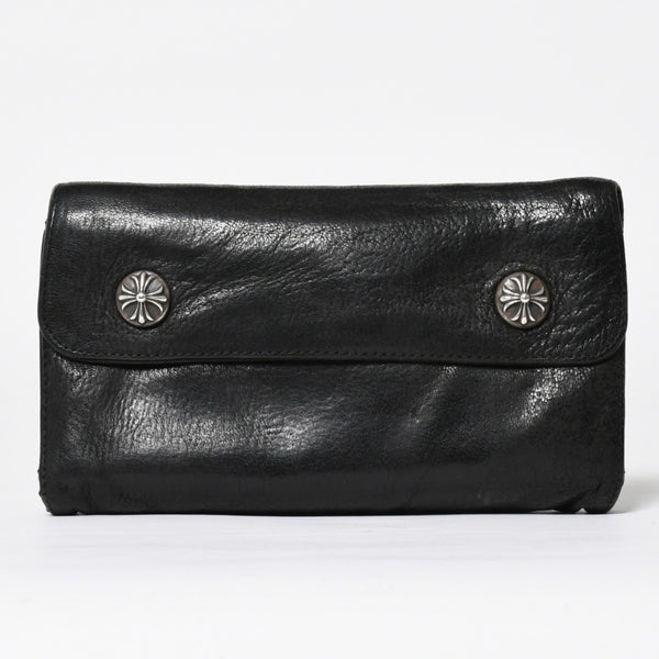CHROME HEARTS クロムハーツ WAVE CROSS BTN ウェーブ クロスボールボタン デストロイレザーウォレット 長財布 ブラック 美品 中古 4a009623
