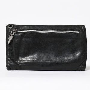 CHROME HEARTS クロムハーツ WAVE CROSS BTN ウェーブ クロスボールボタン デストロイレザーウォレット 長財布 ブラック 美品 中古 4a009623