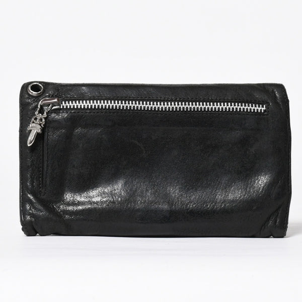 CHROME HEARTS クロムハーツ WAVE CROSS BTN ウェーブ クロスボールボタン デストロイレザーウォレット 長財布 ブラック 美品 中古 4a009623