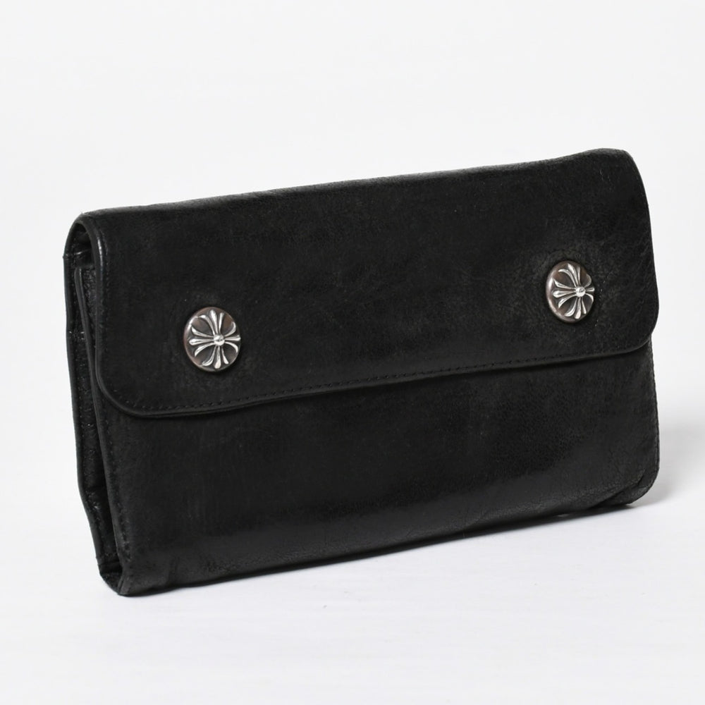 CHROME HEARTS クロムハーツ WAVE CROSS BTN ウェーブ クロスボールボタン デストロイレザーウォレット 長財布 ブラック 美品 中古 4a009623