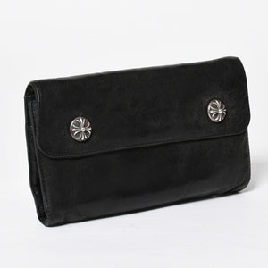 CHROME HEARTS クロムハーツ WAVE CROSS BTN ウェーブ クロスボールボタン デストロイレザーウォレット 長財布 ブラック 美品 中古 4a009623