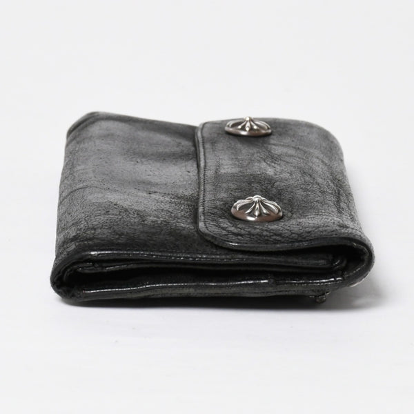 CHROME HEARTS クロムハーツ WAVE CROSS BTN ウェーブ クロスボールボタン デストロイレザーウォレット 長財布 ブラック 美品 中古 4a009623