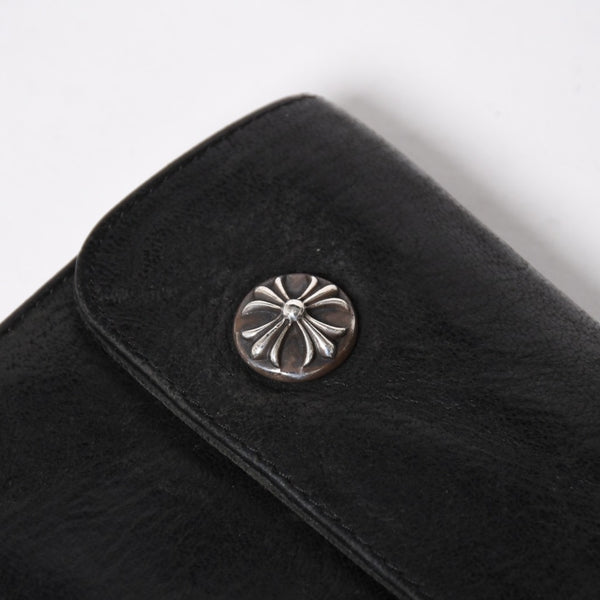 CHROME HEARTS クロムハーツ WAVE CROSS BTN ウェーブ クロスボールボタン デストロイレザーウォレット 長財布 ブラック 美品 中古 4a009623