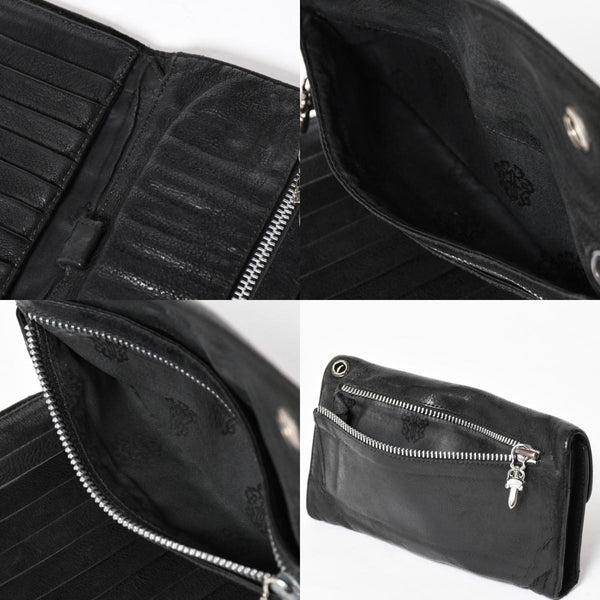 CHROME HEARTS クロムハーツ WAVE CROSS BTN ウェーブ クロスボールボタン デストロイレザーウォレット 長財布 ブラック 美品 中古 4a009623