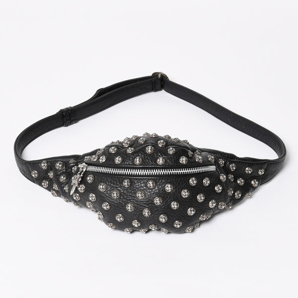 極美品 CHROME HEARTS クロムハーツ スナットパック ピラミッド クロスボールスタッズ ボディバッグ ダガージップ レザー ブラック 中古 4a009368
