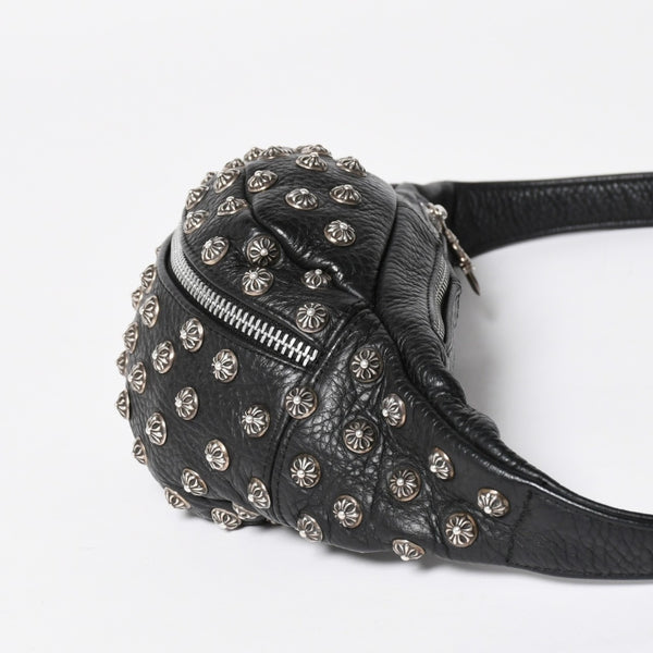 極美品 CHROME HEARTS クロムハーツ スナットパック ピラミッド クロスボールスタッズ ボディバッグ ダガージップ レザー ブラック 中古 4a009368