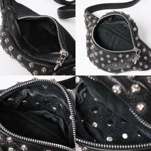 極美品 CHROME HEARTS クロムハーツ スナットパック ピラミッド クロスボールスタッズ ボディバッグ ダガージップ レザー ブラック 中古 4a009368