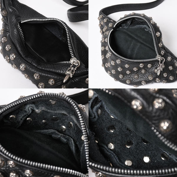 極美品 CHROME HEARTS クロムハーツ スナットパック ピラミッド クロスボールスタッズ ボディバッグ ダガージップ レザー ブラック 中古 4a009368