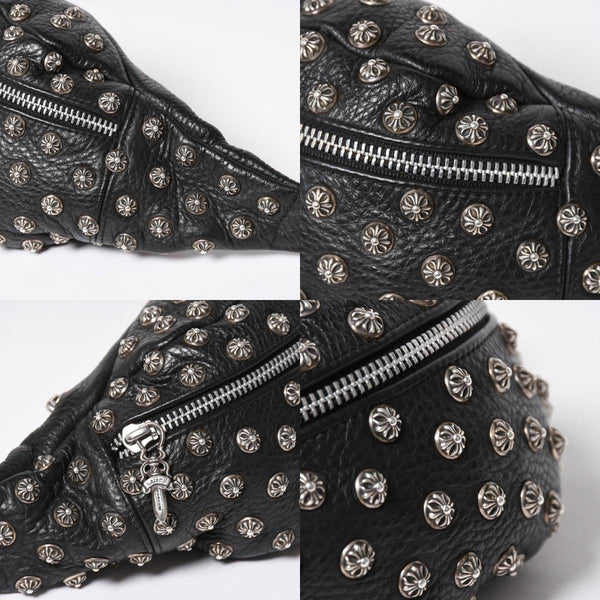 極美品 CHROME HEARTS クロムハーツ スナットパック ピラミッド クロスボールスタッズ ボディバッグ ダガージップ レザー ブラック 中古 4a009368