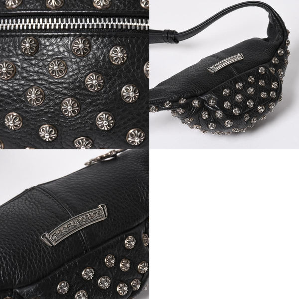 極美品 CHROME HEARTS クロムハーツ スナットパック ピラミッド クロスボールスタッズ ボディバッグ ダガージップ レザー ブラック 中古 4a009368
