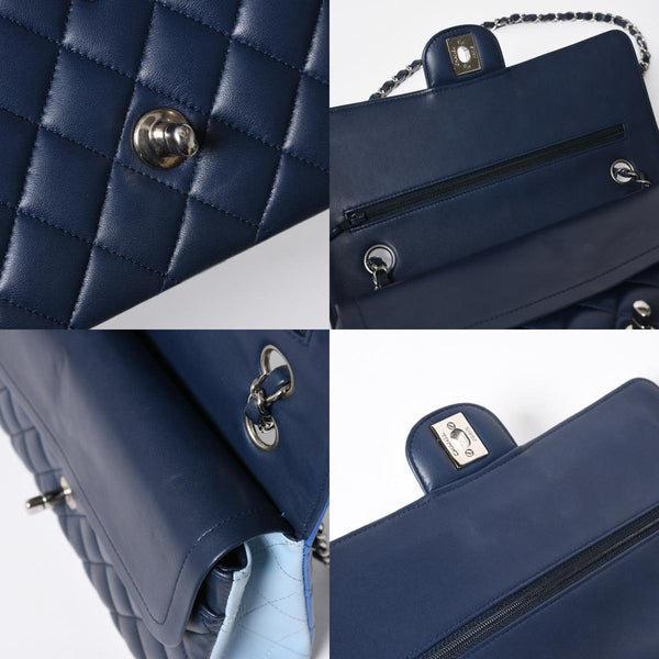極美品 CHANEL シャネル マトラッセ クラシック ダブル フラップバッグ ショルダーバッグ 22番台 ラムスキン ブルー シルバー金具 中古 4a009588
