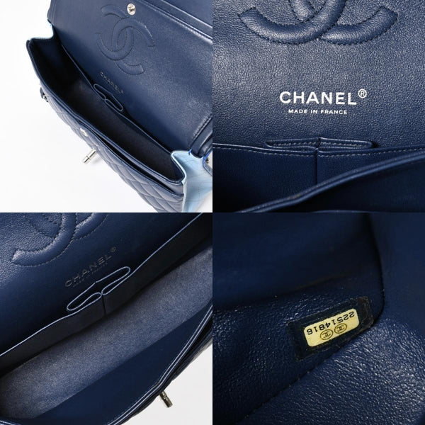 極美品 CHANEL シャネル マトラッセ クラシック ダブル フラップバッグ ショルダーバッグ 22番台 ラムスキン ブルー シルバー金具 中古 4a009588