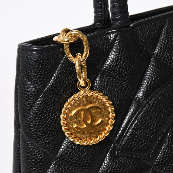 Very good condition CHANEL Chanel reproduction tote tote bag No. 7 here mark caviar skin black gold hardware used 4a009703