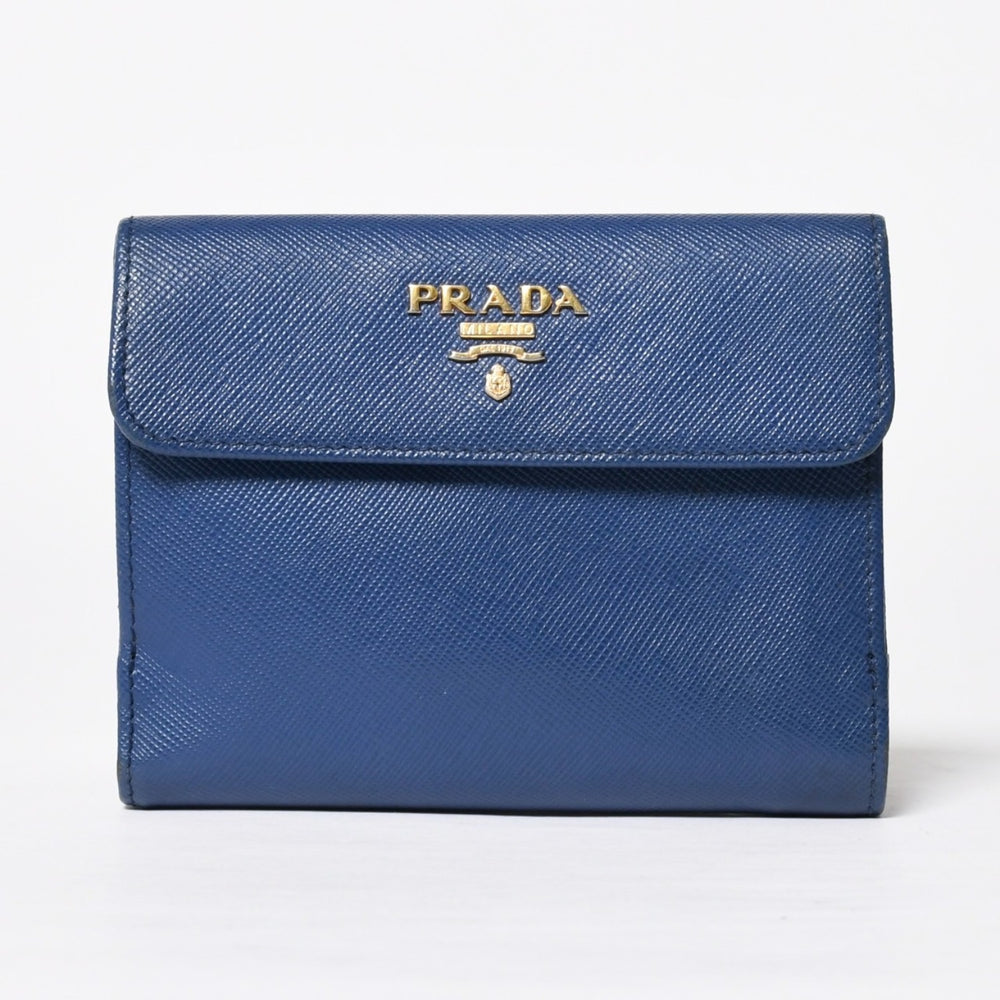PRADA 二つ折り財布 財布 サファーノレザー ブルー ネイビー ターコイズブルー ゴールド金具 美品 中古 4a009664