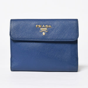 PRADA 二つ折り財布 財布 サファーノレザー ブルー ネイビー ターコイズブルー ゴールド金具 美品 中古 4a009664