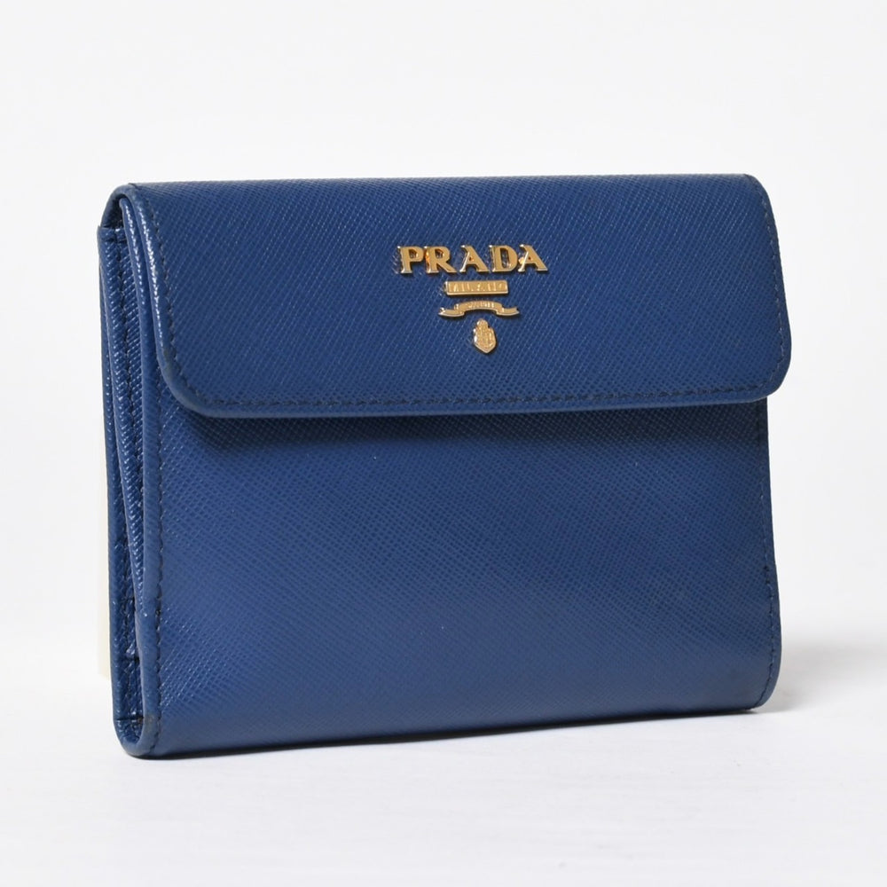 PRADA 二つ折り財布 財布 サファーノレザー ブルー ネイビー ターコイズブルー ゴールド金具 美品 中古 4a009664