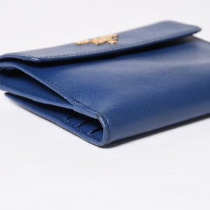 PRADA 二つ折り財布 財布 サファーノレザー ブルー ネイビー ターコイズブルー ゴールド金具 美品 中古 4a009664