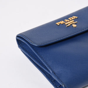 PRADA 二つ折り財布 財布 サファーノレザー ブルー ネイビー ターコイズブルー ゴールド金具 美品 中古 4a009664