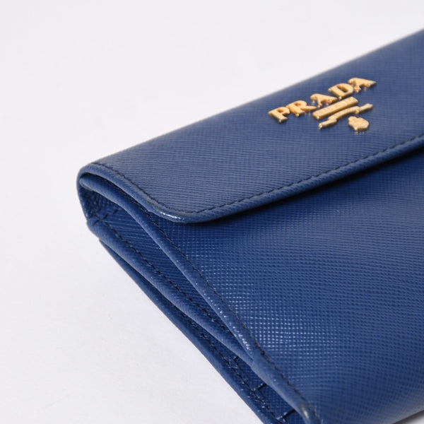 PRADA 二つ折り財布 財布 サファーノレザー ブルー ネイビー ターコイズブルー ゴールド金具 美品 中古 4a009664