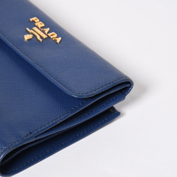 PRADA 二つ折り財布 財布 サファーノレザー ブルー ネイビー ターコイズブルー ゴールド金具 美品 中古 4a009664