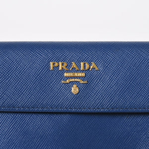 PRADA 二つ折り財布 財布 サファーノレザー ブルー ネイビー ターコイズブルー ゴールド金具 美品 中古 4a009664