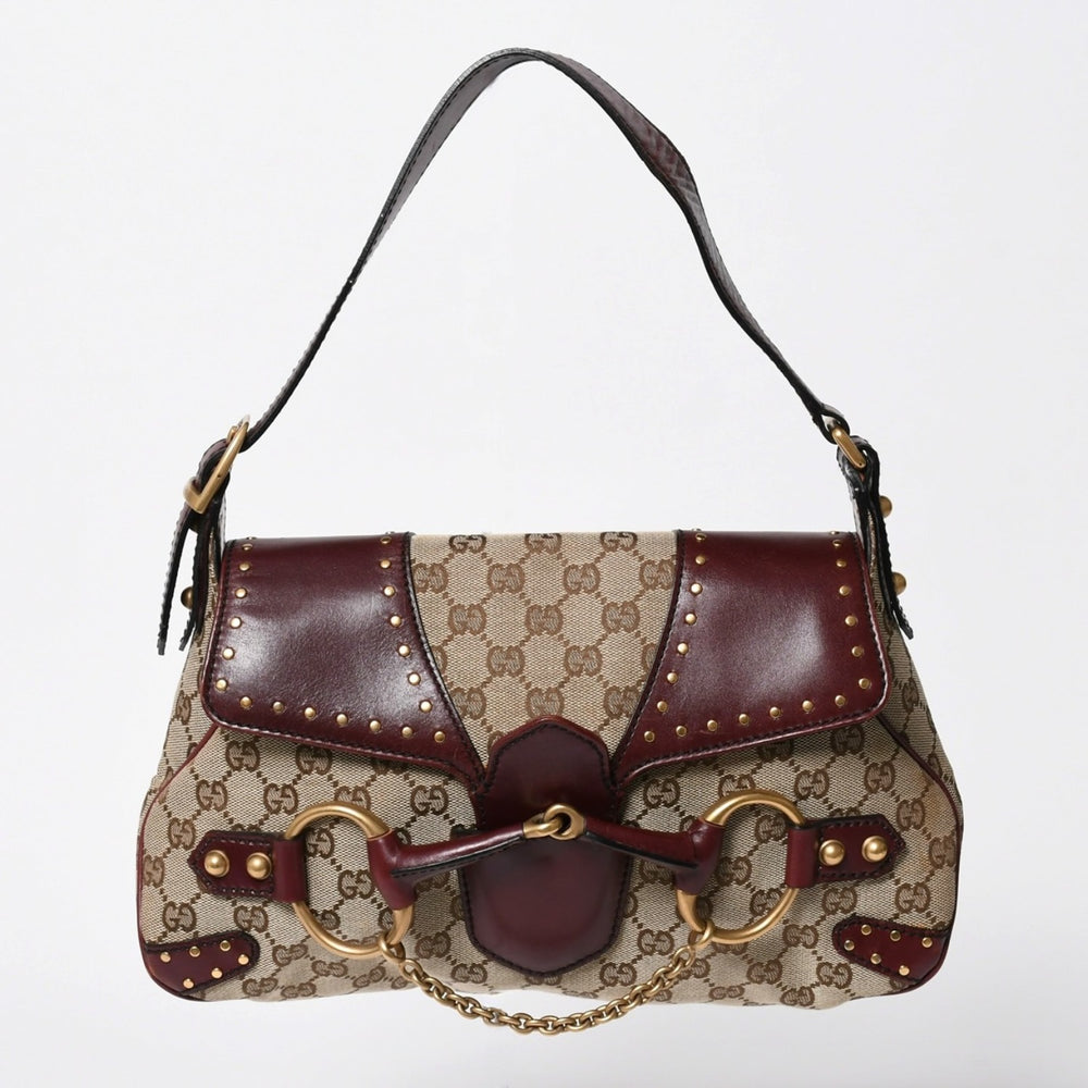 極美品 GUCCI グッチ ホースビット スタッズ ヴィンテージ ワンショルダーバッグ 114915 ベージュ ワインレッド アンティークゴールド金具 中古 4a009706