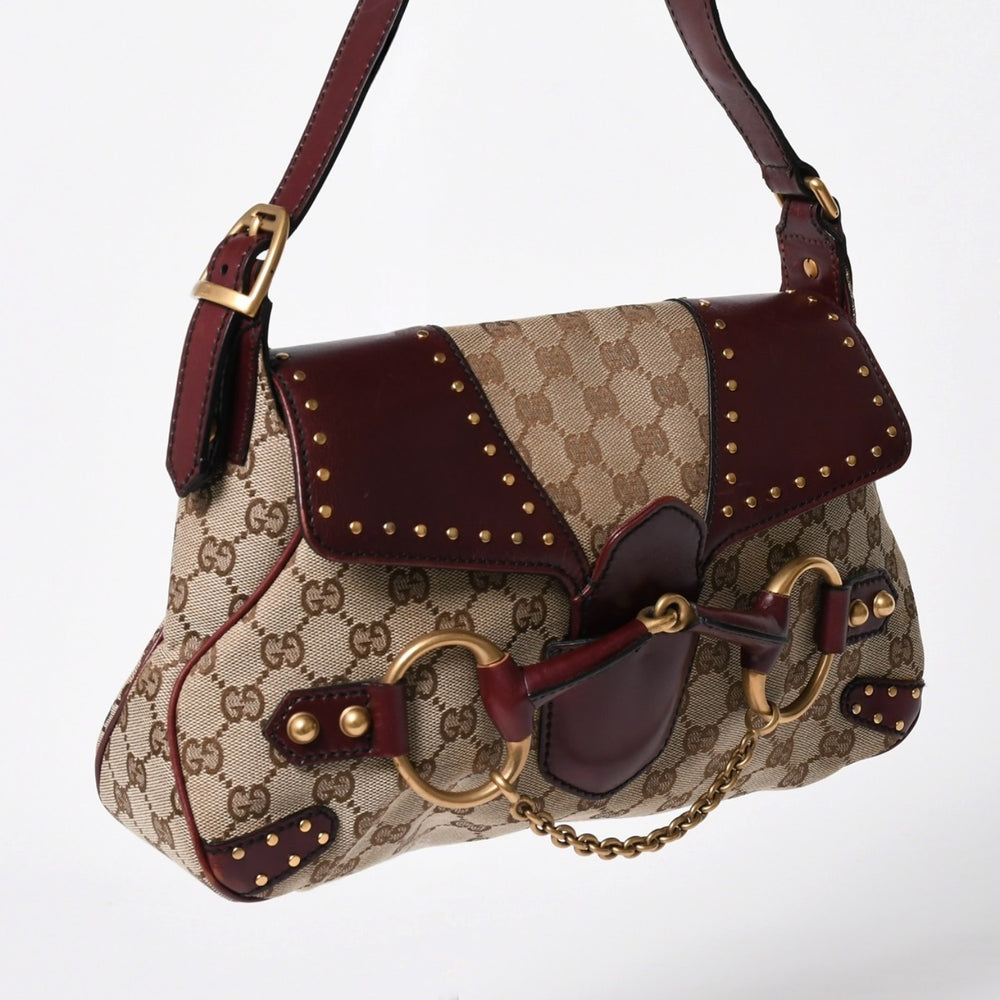 Very Good Condition GUCCI Gucci Horsebit Studded Vintage One Shoulder Bag 114915 Beige Wine Red Antique Gold Hardware Used 4a009706